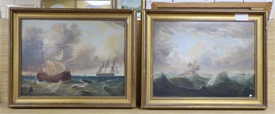 19th century English School, pair of oils on panels, Shipping off the coast, 29 x 39cm